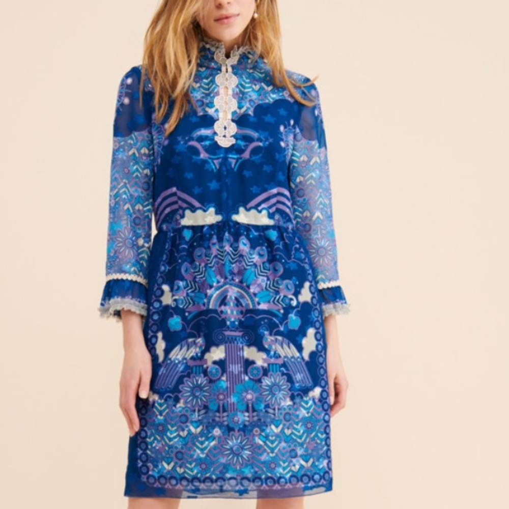 Anna Sui Blue Multi Printed Sheer Sleeve Dress